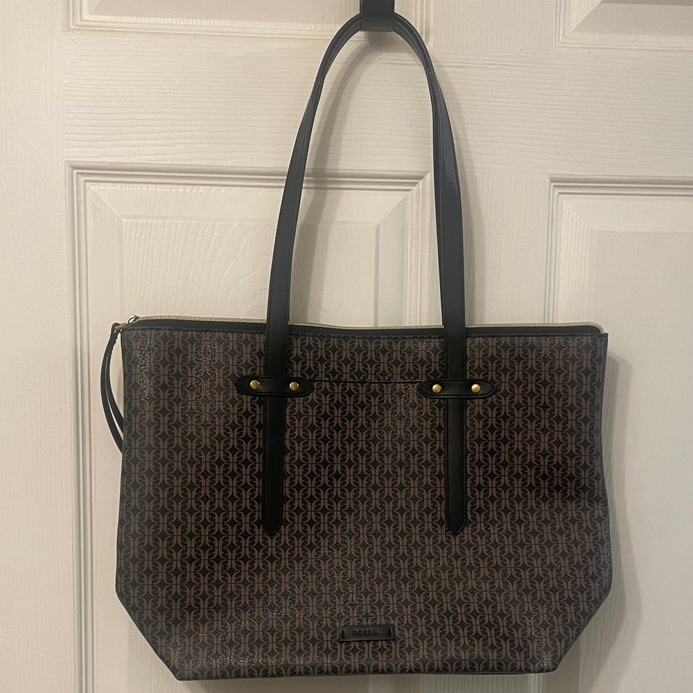 Fossil Geometric Pattern Brown Tote Bag with Black Straps